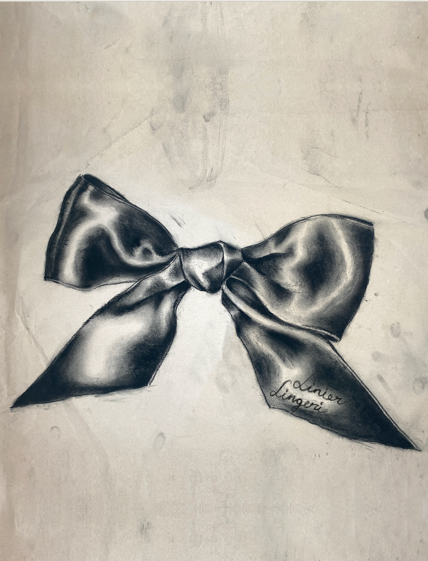 Black and white charcoal drawing of a bow.